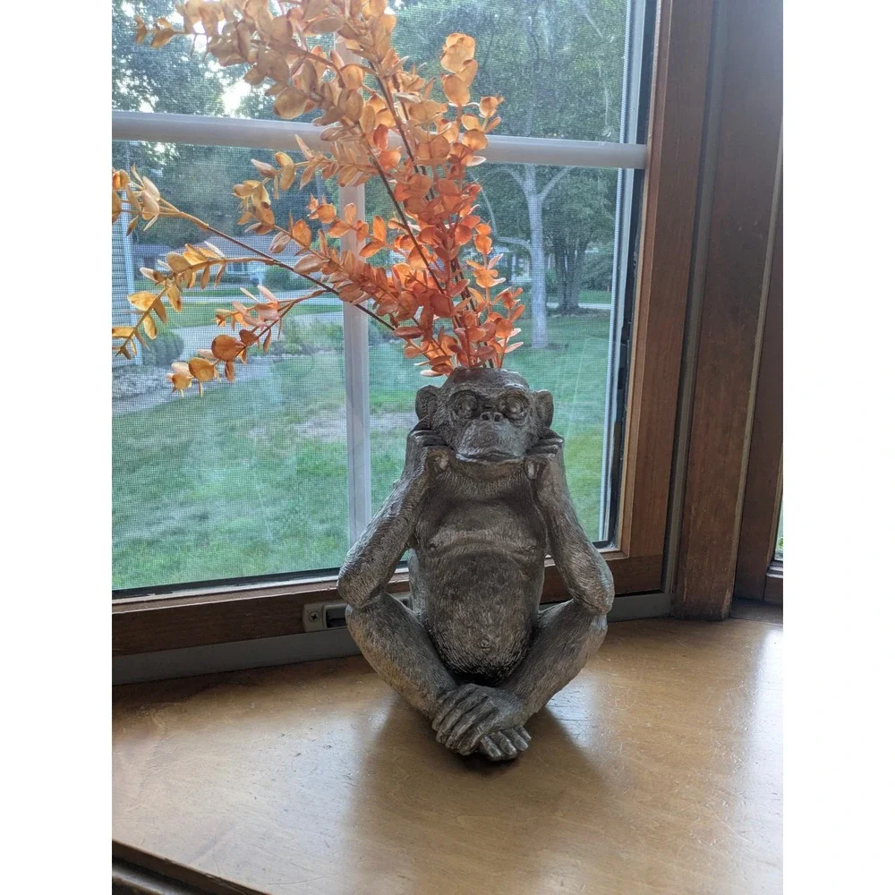 Whimsigoth Monkey Head Vase Chimp Statue Alt Decor Upcycled Maximalist Gold